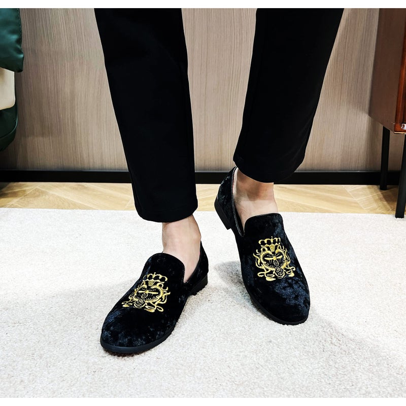 FLQL Velvet Embroidery Noble Loafer Shoes Slip-On Loafer Smoking Slipper Size 10 Black - Image 2